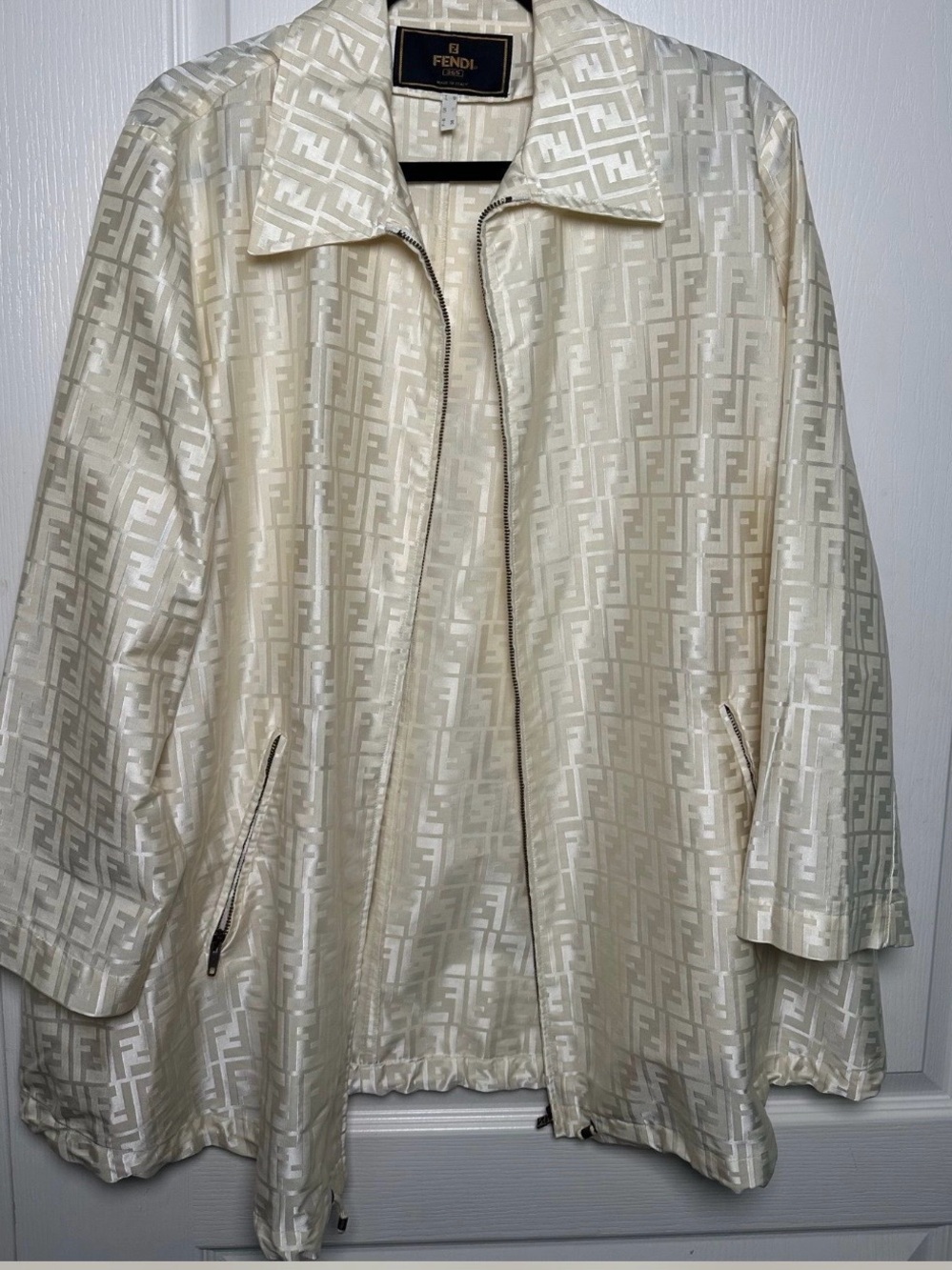Fendi Cream Logo-Jacquard Zip Bomber Jacket